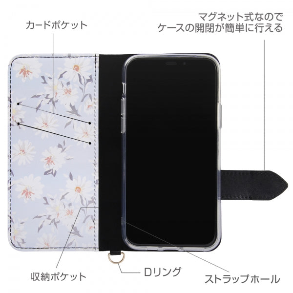 手帳型レザーケース 花柄 ハンドストラップ付