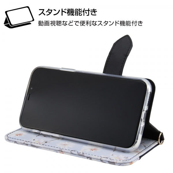 手帳型レザーケース 花柄 ハンドストラップ付