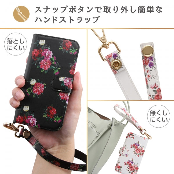 手帳型ケース クリアポケット ハンドストラップ ルーペ付 花柄