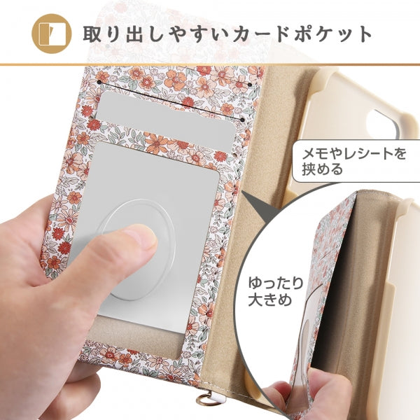 手帳型ケース クリアポケット ハンドストラップ ルーペ付 花柄