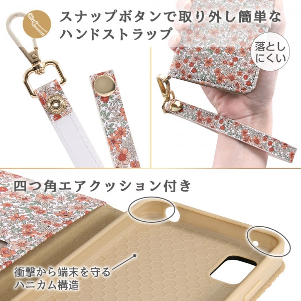 耐衝撃 手帳型ケース クリアポケット ハンドストラップ ルーペ付 花柄