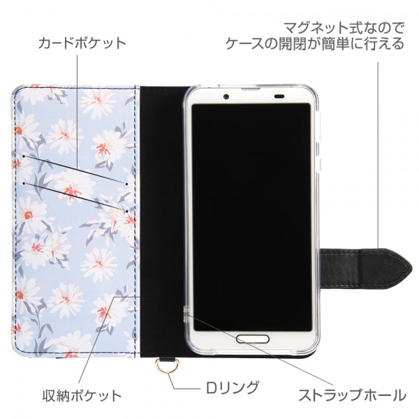 手帳型レザーケース 花柄 ハンドストラップ付