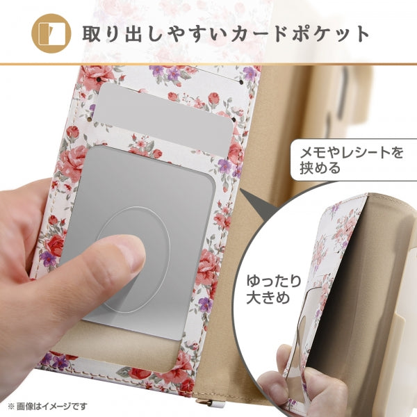 手帳型ケース クリアポケット ハンドストラップ ルーペ付 花柄