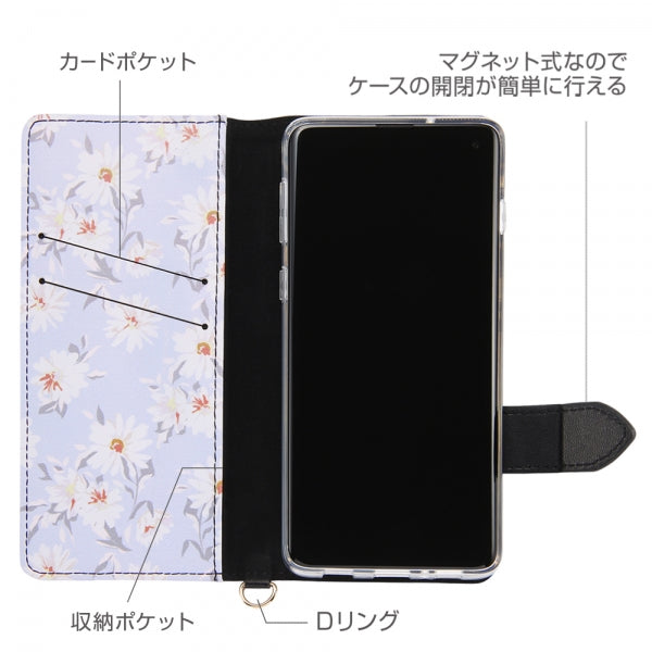 手帳型レザーケース 花柄 ハンドストラップ付