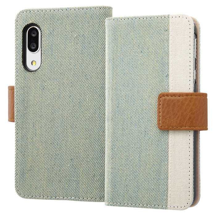 ケース 手帳型 デニム 帆布 ファブリックケース Canvas Line / アイスブルー