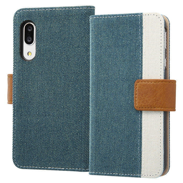 ケース 手帳型 デニム 帆布 ファブリックケース Canvas Line / ライトブルー