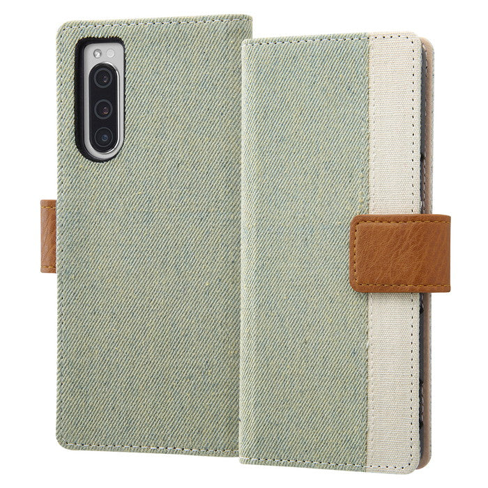 ケース 手帳型 デニム 帆布 ファブリックケース Canvas Line / アイスブルー