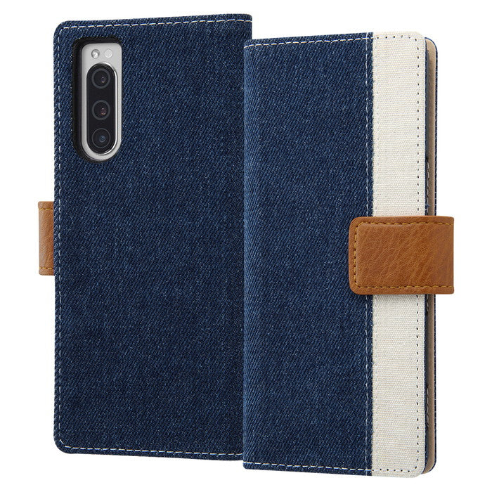 ケース 手帳型 デニム 帆布 ファブリックケース Canvas Line / インディゴブルー