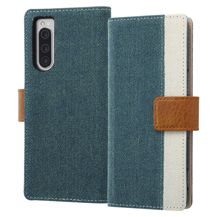 ケース 手帳型 デニム 帆布 ファブリックケース Canvas Line / ライトブルー