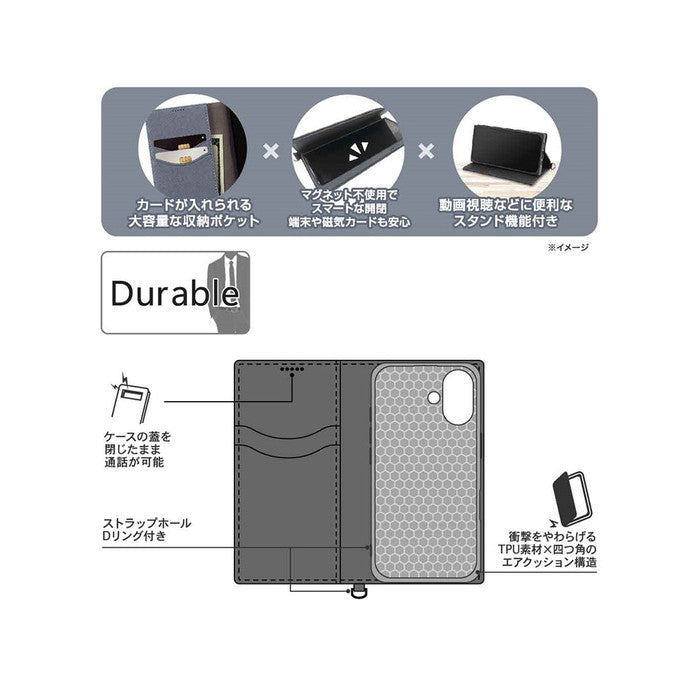 Durable 耐衝撃 マグネット不使用 シンプル スクエア 手帳型レザーケース