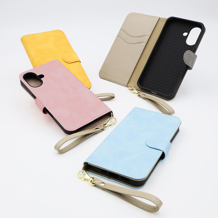 Raffine 耐衝撃 マグネットベルト ハンドストラップ付き さらさら ムラ染め 手帳型レザーケース
