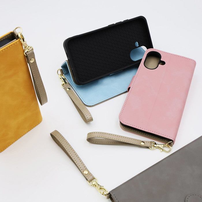 Raffine 耐衝撃 マグネットベルト ハンドストラップ付き さらさら ムラ染め 手帳型レザーケース