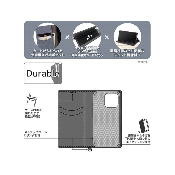 Durable 耐衝撃 マグネット不使用 シンプル スクエア 手帳型レザーケース