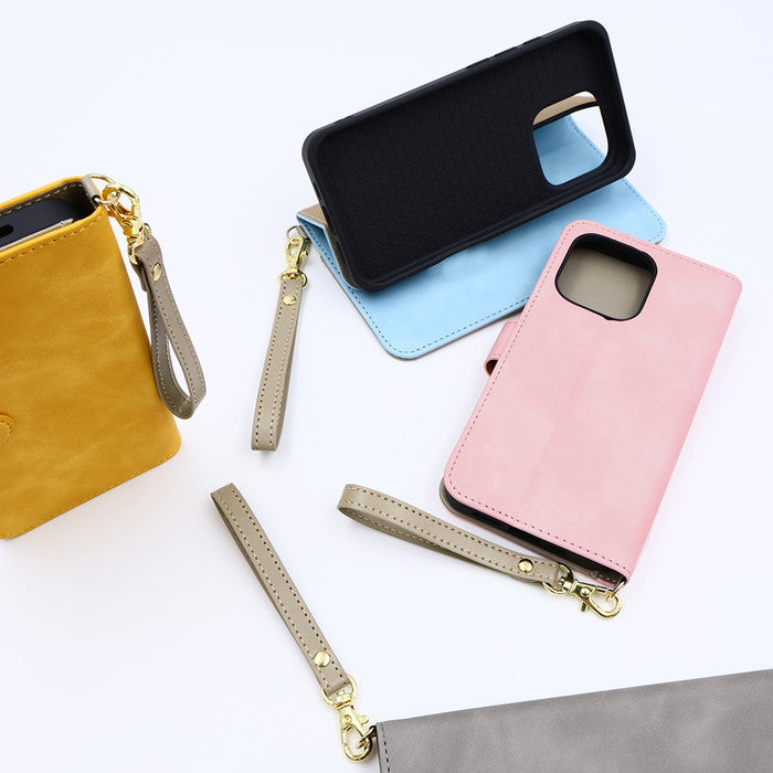Raffine 耐衝撃 マグネットベルト ハンドストラップ付き さらさら ムラ染め 手帳型レザーケース