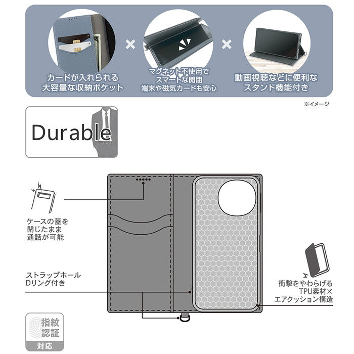 Durable 耐衝撃 マグネット不使用 シンプル スクエア 手帳型レザーケース