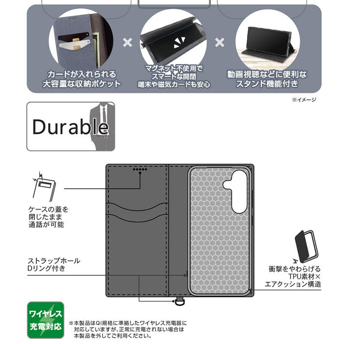 Durable 耐衝撃 マグネット不使用 シンプル スクエア 手帳型レザーケース