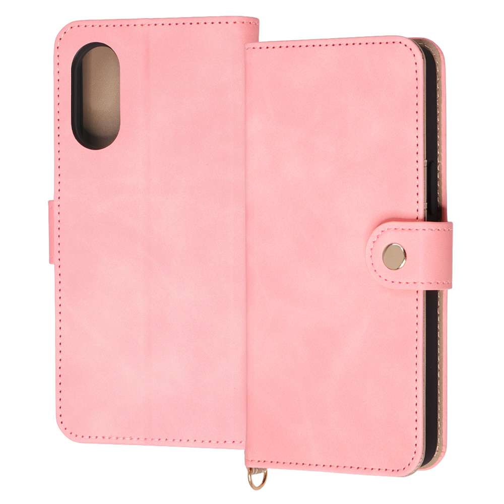 手帳型レザーケース Raffine むら染め ボタンベルト / ピンク
